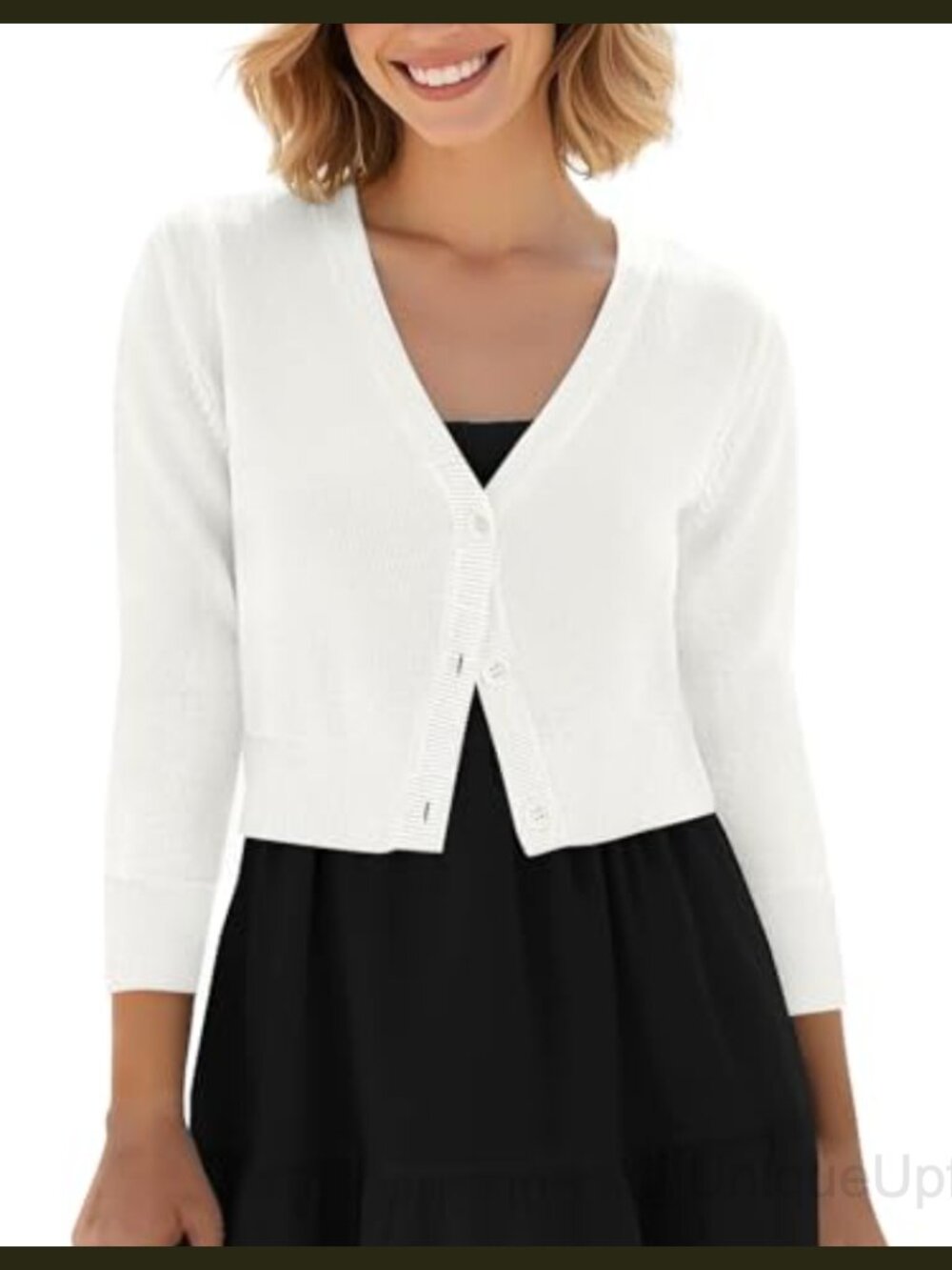 Cropped Button Down Cardigan 3/4 Sleeve Knitted Shrug Sweater V-Neck